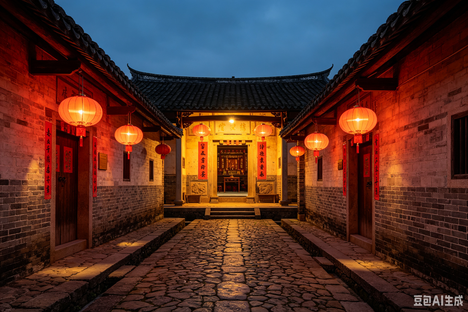 祠堂庭院紅燈籠夜景
